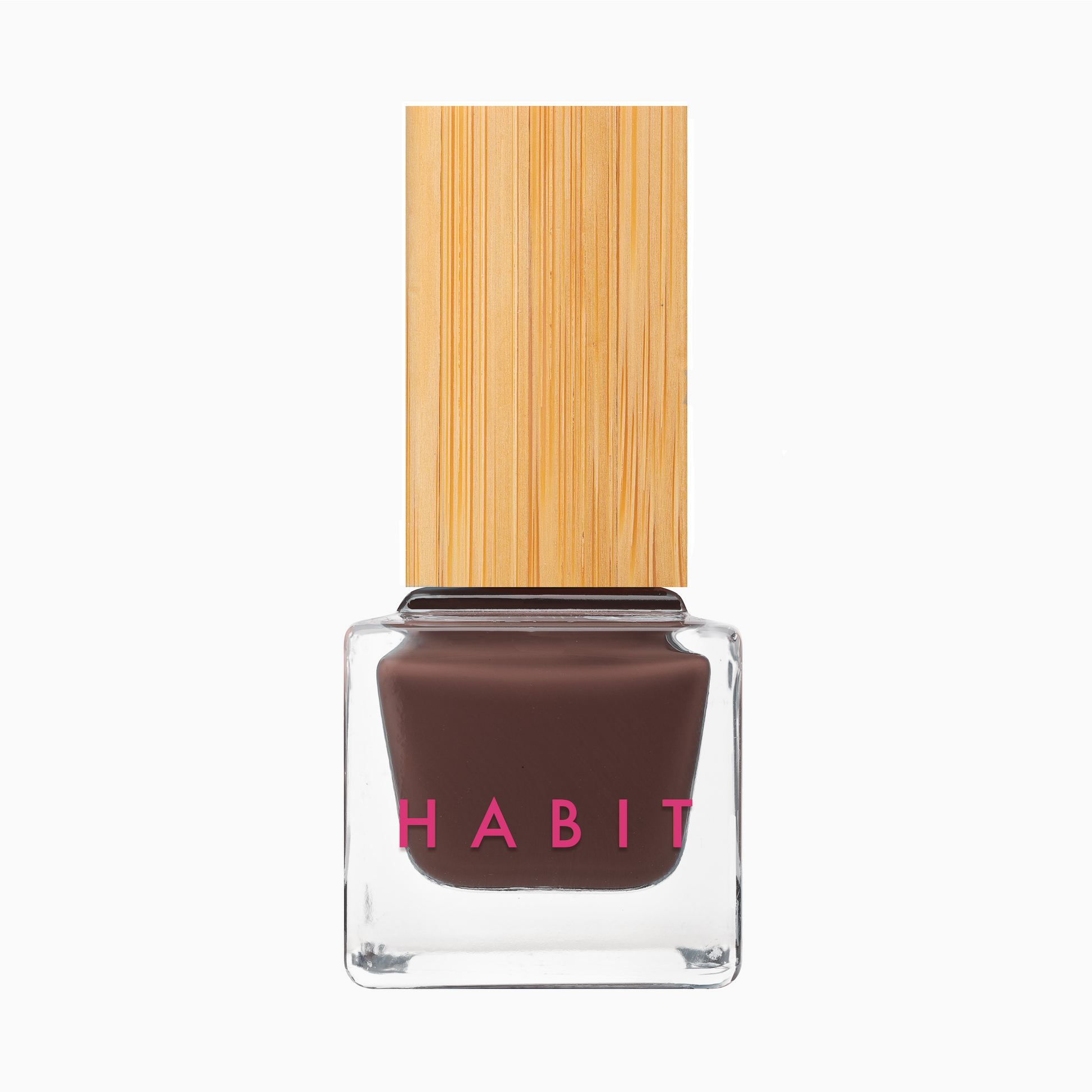 HABIT Essentials Daily Wellness And Growth vegan nail polish in deep brown with wooden cap, glossy long-wearing finish.