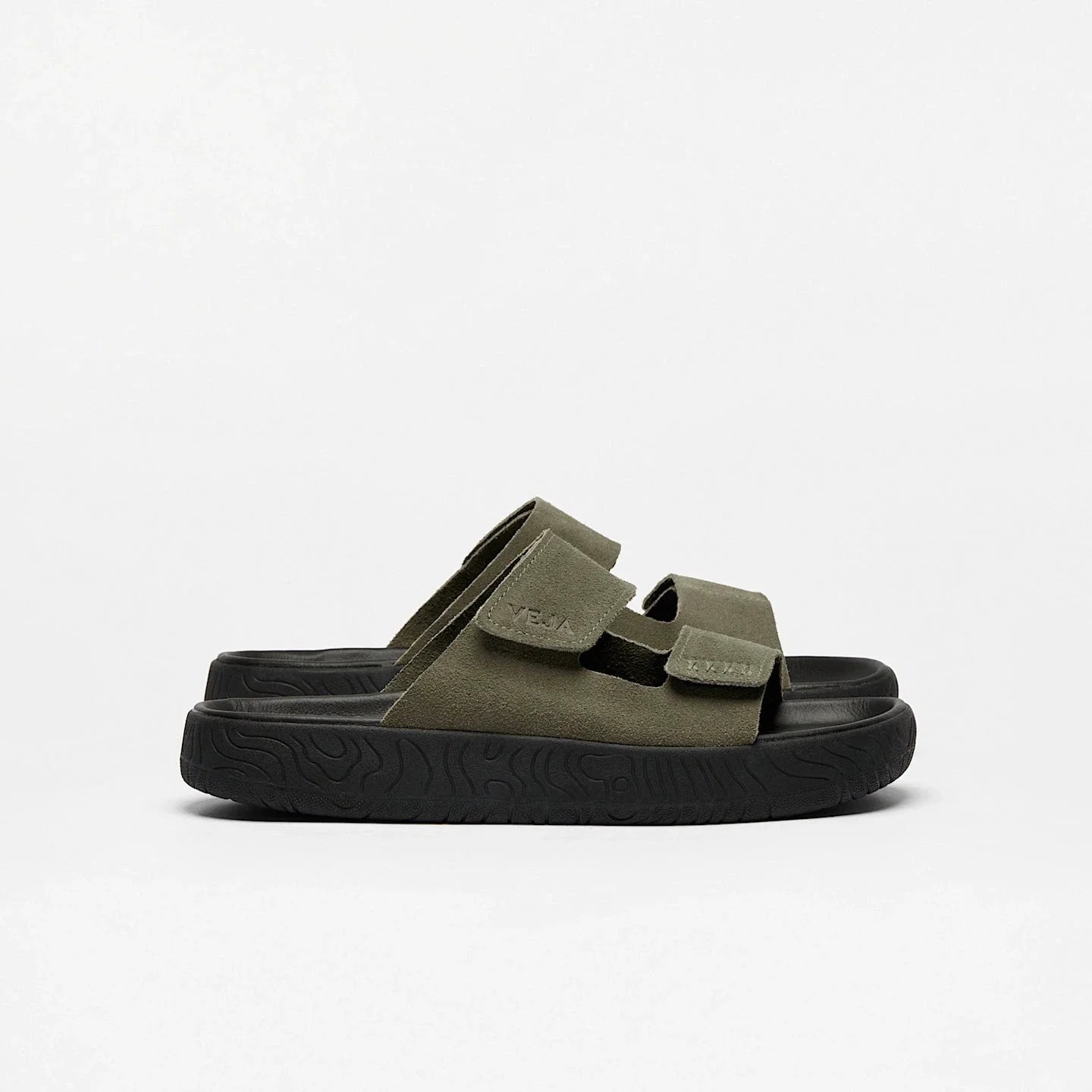 Olive-green Veja men's sandals with dual Velcro straps and a black textured sole, sustainable Brazilian-made.