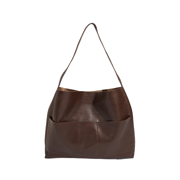 NIMES brown leather shoulder bag with a single strap and front pockets.