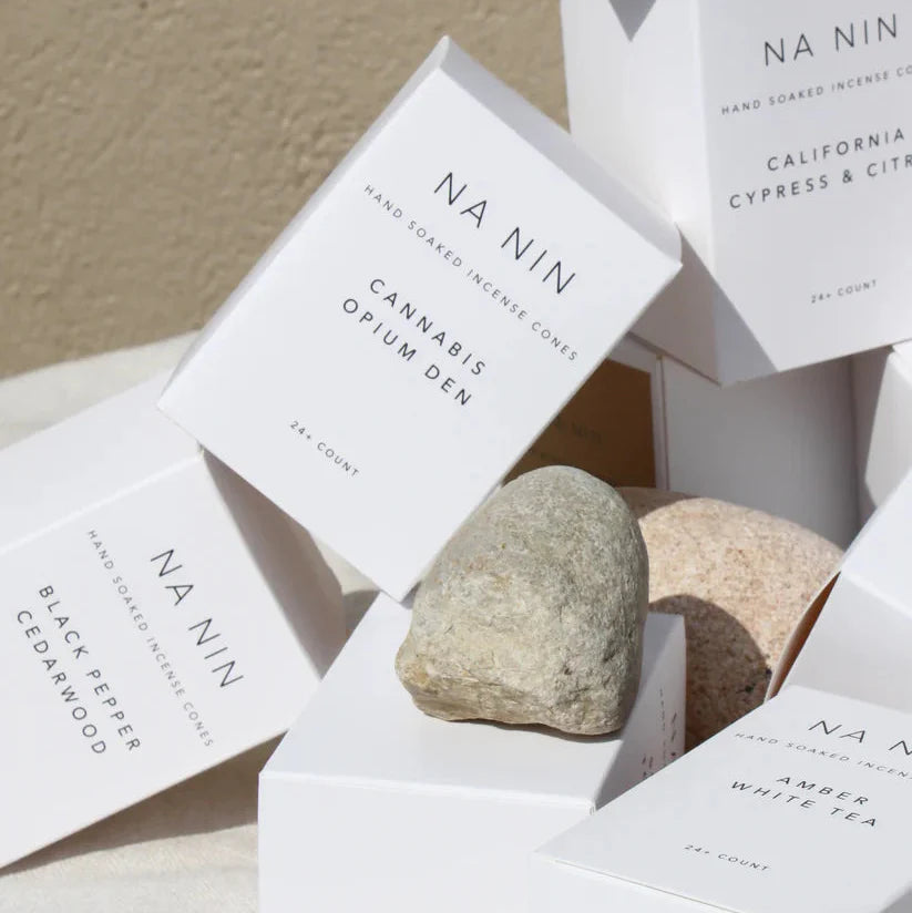 NA NIN hand-soaked incense cones in white boxes, Cannabis Opium Den, Black Pepper Cedarwood, Amber White Tea.