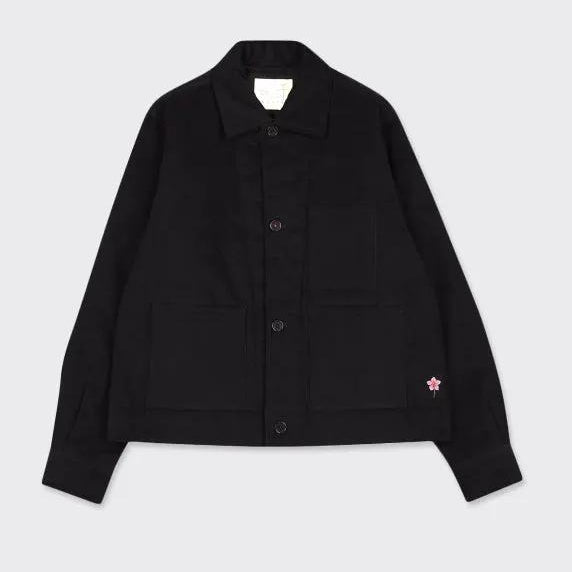 Kardo - Bodhi Jacket in black, water-resistant daily outerwear with patch pockets and pink flower accent.
